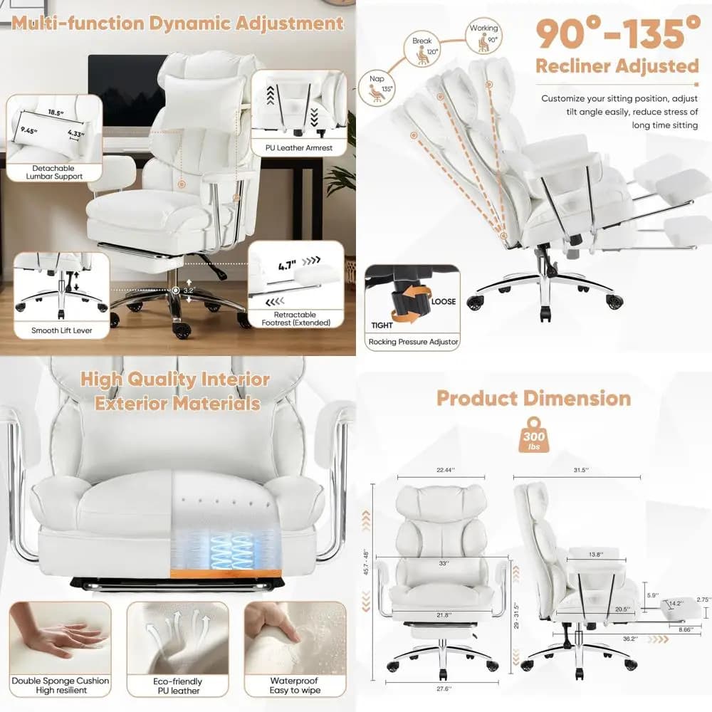 Sedia da scrivania ergonomica alta con schienale alto, poggiapiedi, supporto lombare, reclinazione regolabile, sedia da gaming in pelle bianca