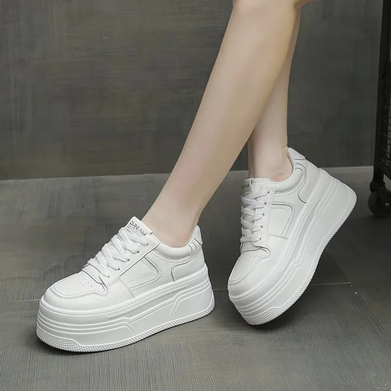New Women's White PU Leather Platform Sneakers Thick Bottom Non Slip Sports Running Shoes for Women Fashion Zapatillas De Mujer