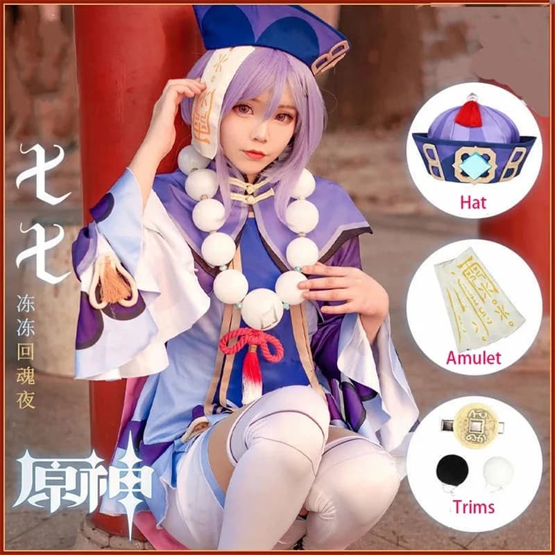 Gioco Genshin Impact Project Qiqi Cosplay Zombie Girl Dress Parrucca Scarpe Cappello Accessori Anime Costume di Natale di Halloweenx, 5;d'2.y;