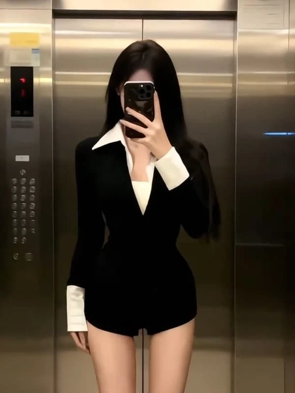 American Style Splice V-Neck T-Shirt High Waist Shorts Set Women's Fashion Spring Set Warmth Conservation Slimming Effect