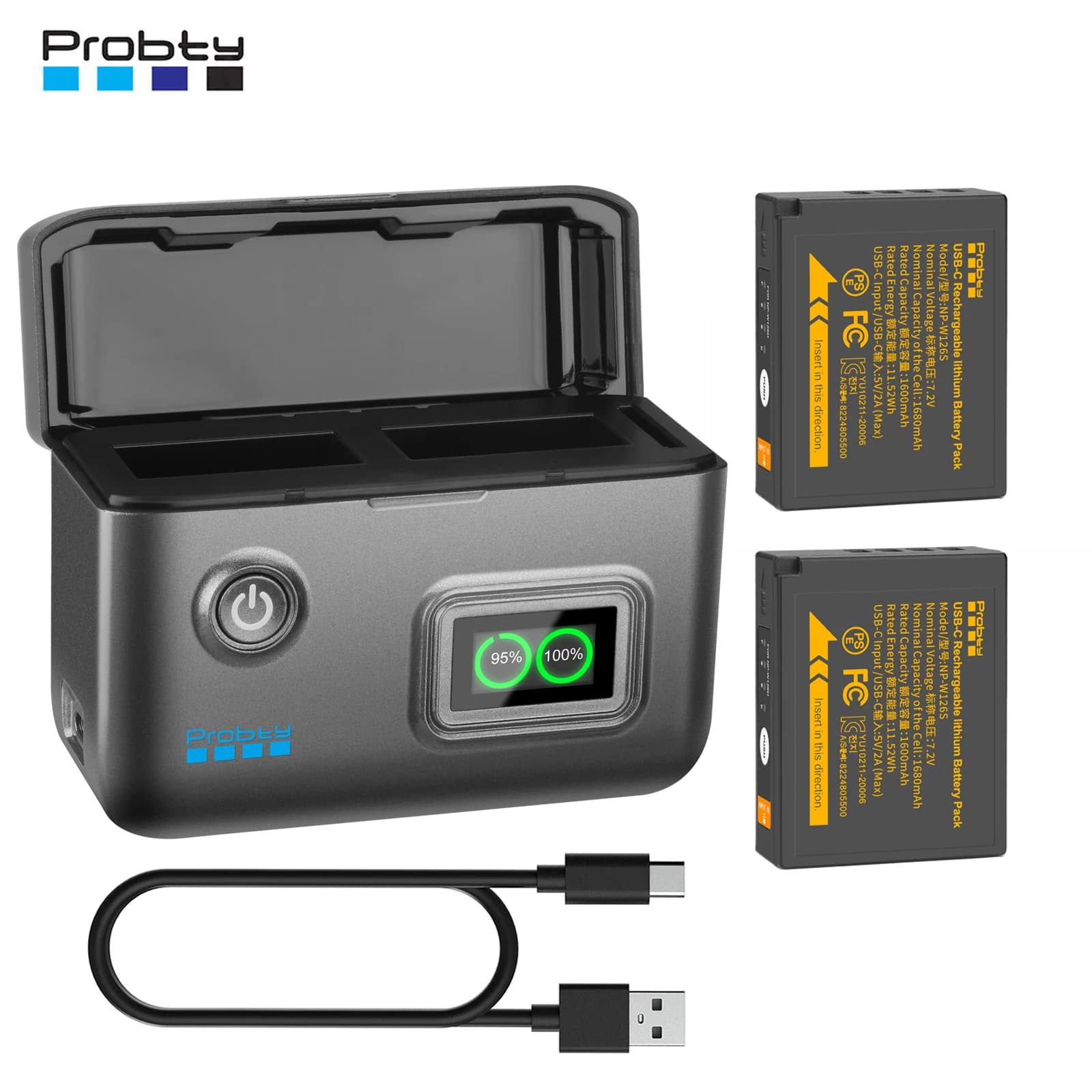 Probty NP-W126S Batteria per fotocamera USB-C da 1680 mAh per Fujifilm X100 IV X-S10 X-T100 X-T50 X100V X-T10 X-T20 X-T30 X-T30 II X-T200