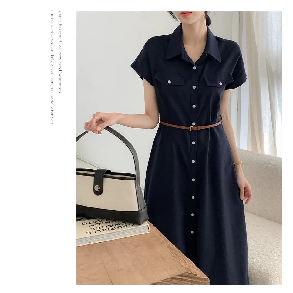 Elegant Vintage Dress with Collar And Belt Korean Style Regular Fit All Seasons Women's Online Exclusive Fashion Clothing