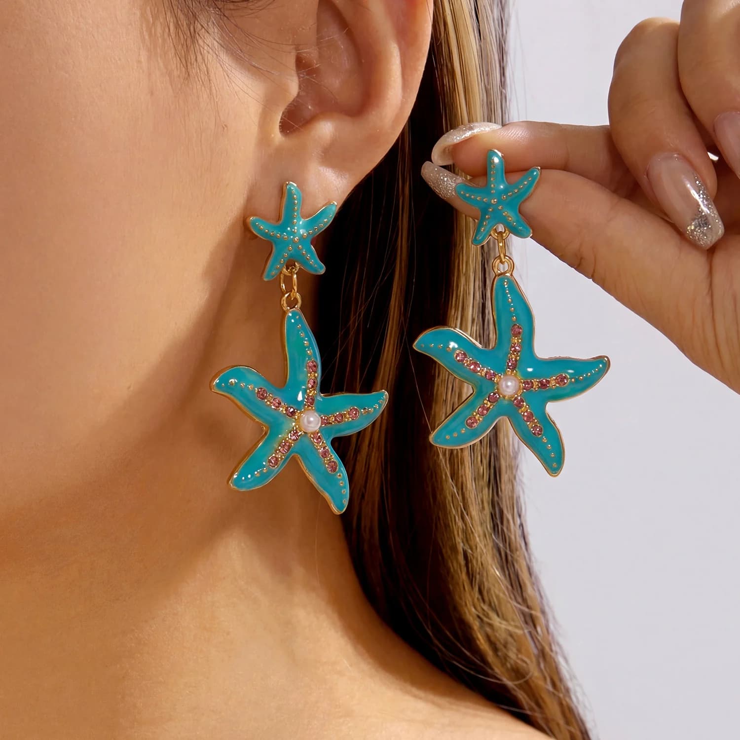 Orecchini a Stella Marina Smaltati Serie Ocean per Donna, Orecchini a Stella Marina Esagerati con Strass Colorati, Gioielli Estivi per Vacanze