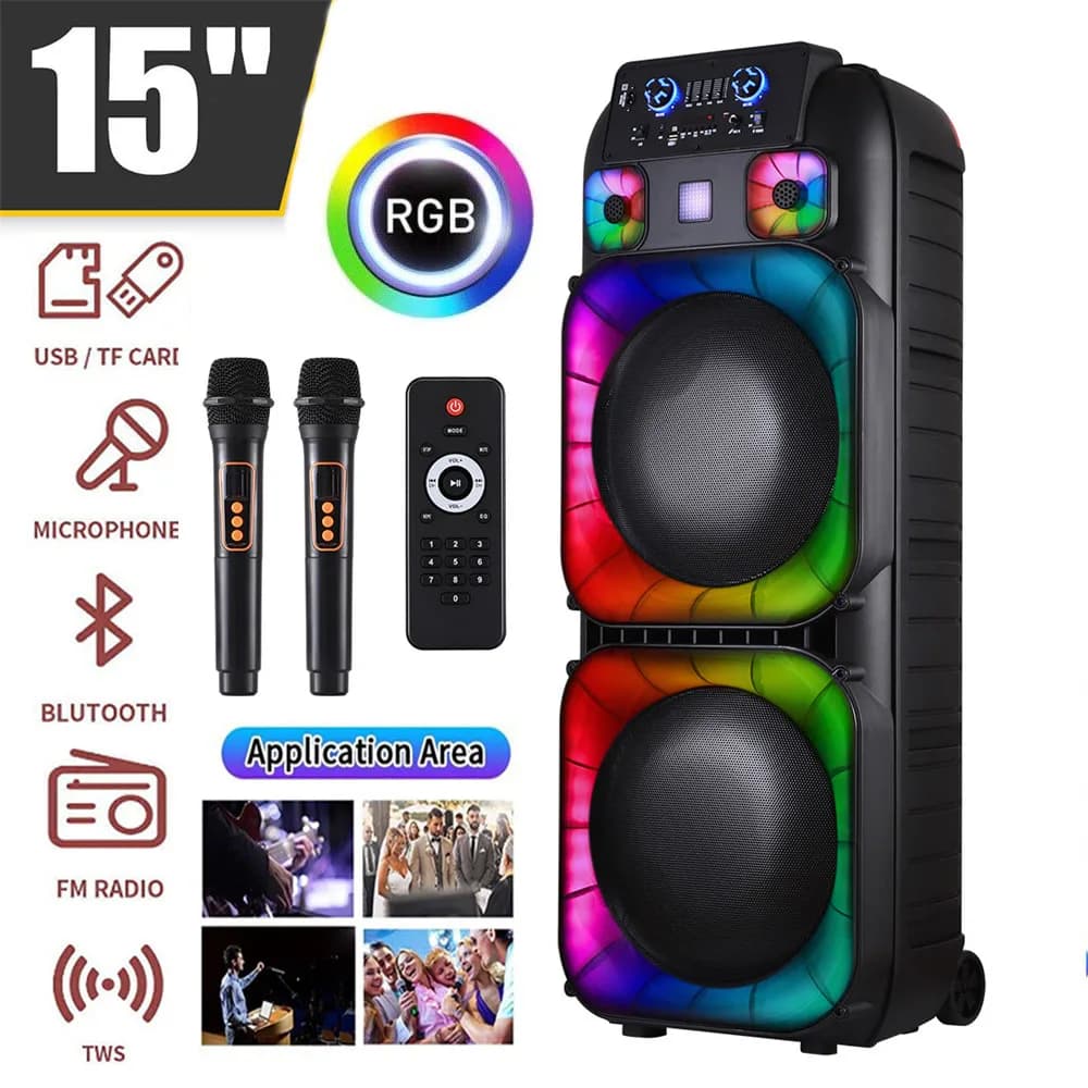 Altoparlante Bluetooth Portatile da 8000W per Feste, DJ e Karaoke, Sistema Audio Ricaricabile con Bassi Potenti, Doppio Altoparlante da 15 Pollici, Luci LED e Microfono