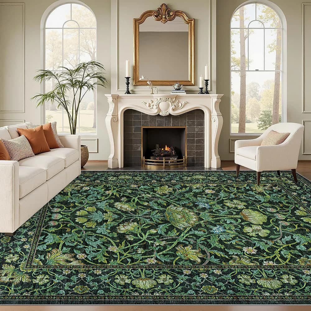 Velvet living room carpet, green plant retro style printed area carpet, machine washable indoor entrance mat