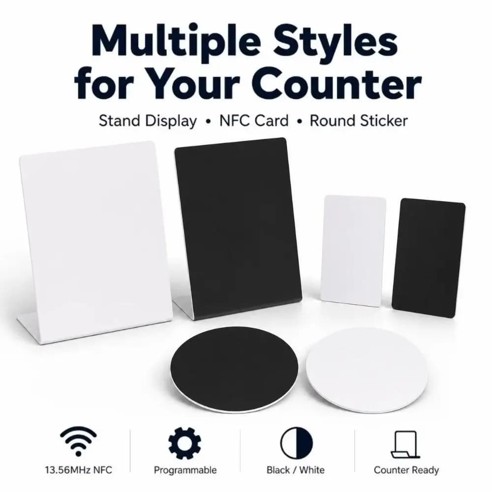 Programmable NFC Review Display Card Acrylic Reusable NFC Counter Sign Battery Free Tap to Open NFC Table Sign Business Feedback