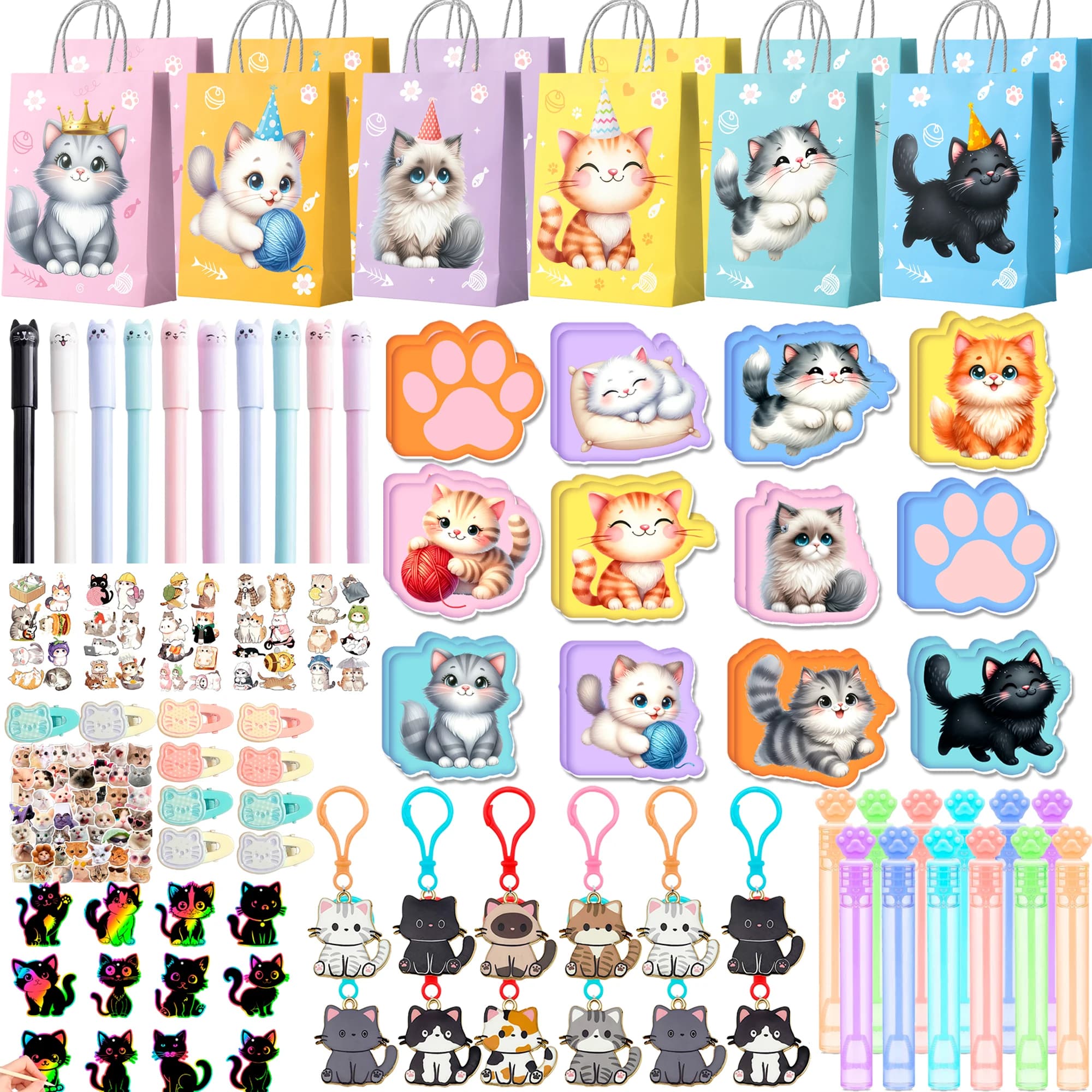 108 Pezzi Set Decorazioni per Festa a Tema Gatto - Sacchetti Regalo, Adesivi, Portachiavi, Quaderni, Penne ecc. per Compleanno Gatto