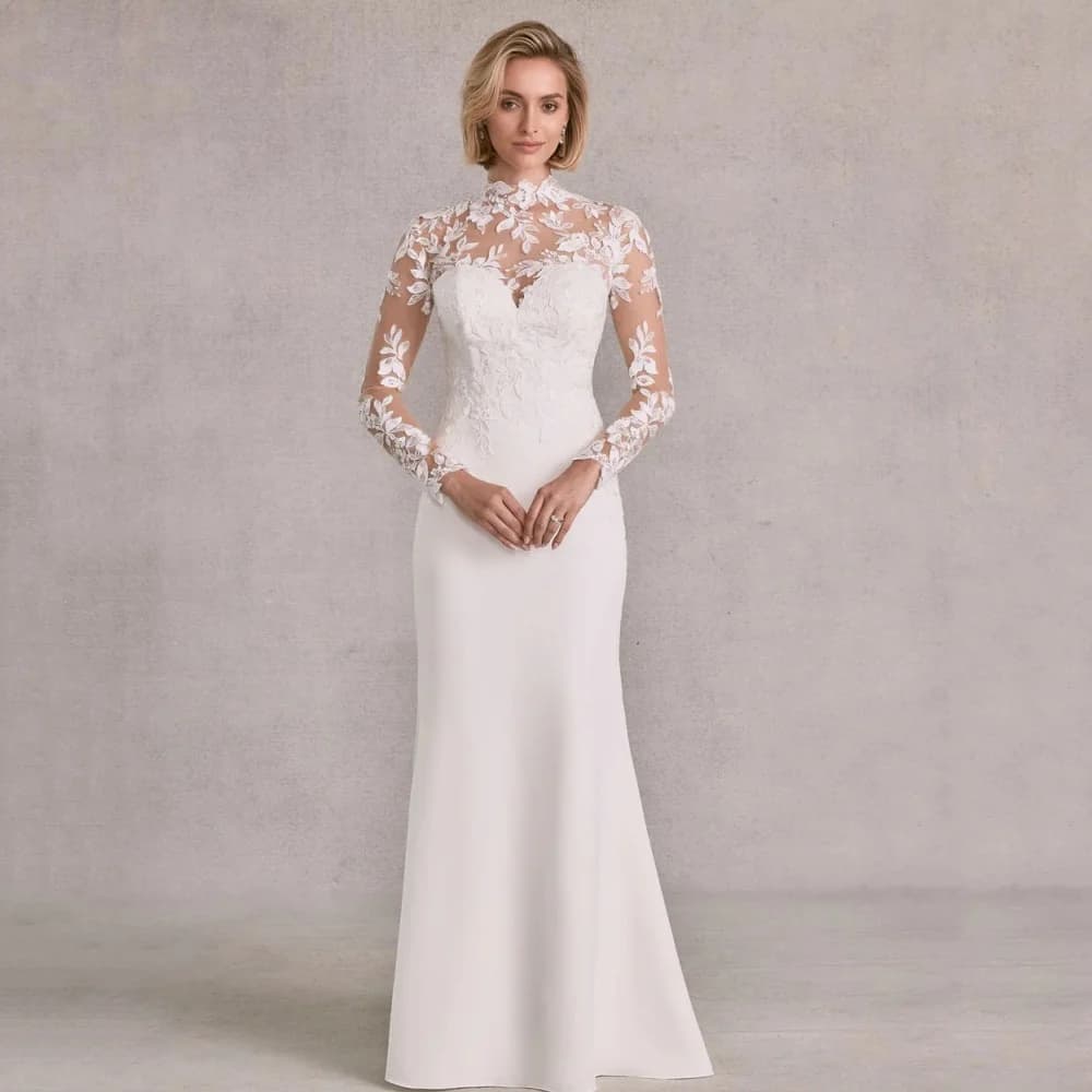Abiti da sposa personalizzati Sirena Pizzo Abito da sposa di lusso Manica lunga Abiti da sposa eleganti Collo alto Abiti da Noiva