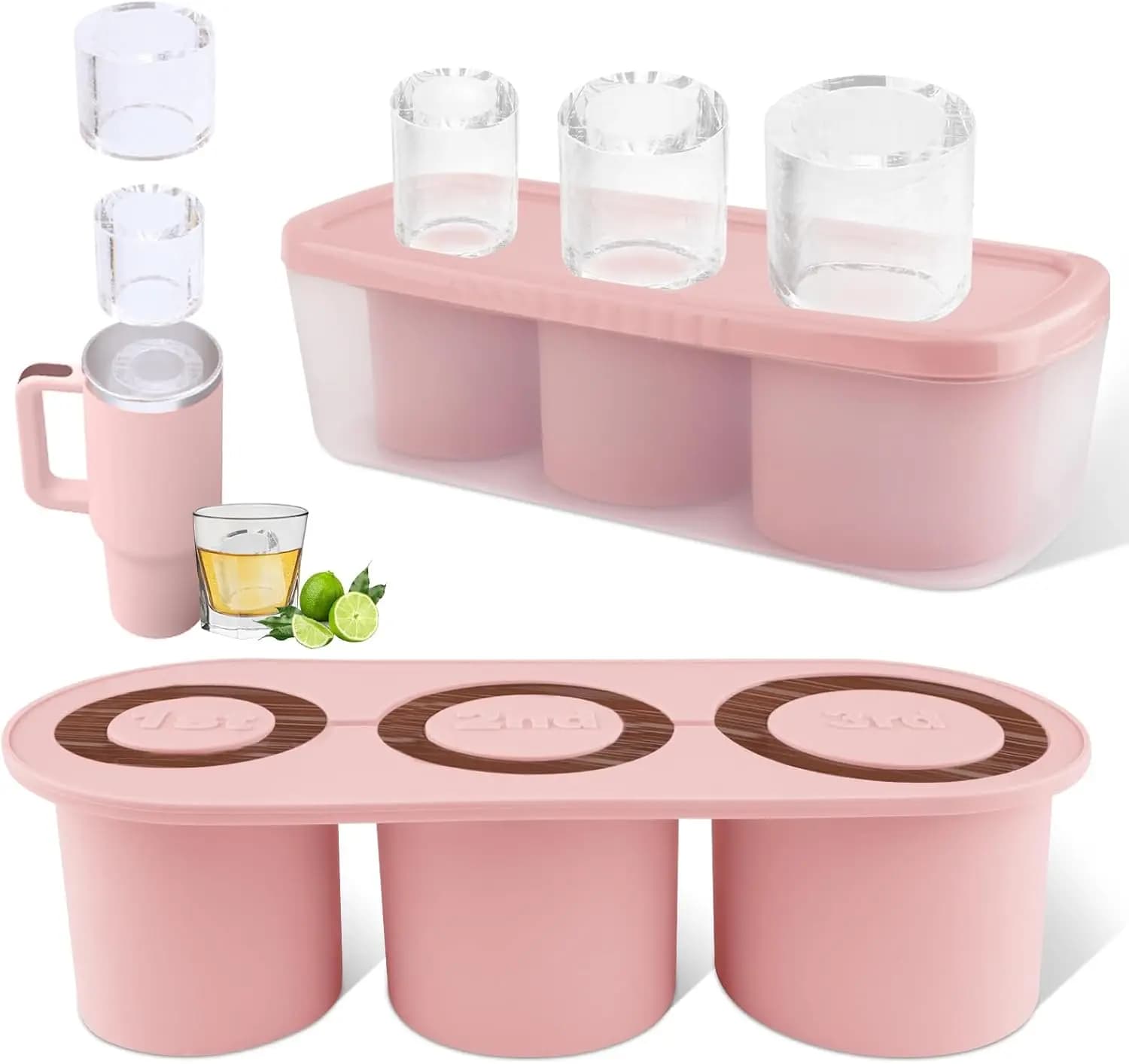 Set di 3 Stampi in Silicone per Cubetti di Ghiaccio per Bicchieri da 20-40oz, Cubetti Cilindrici Cavi con Coperchio, Sciogliimento Lento, Senza BPA (Rosa)