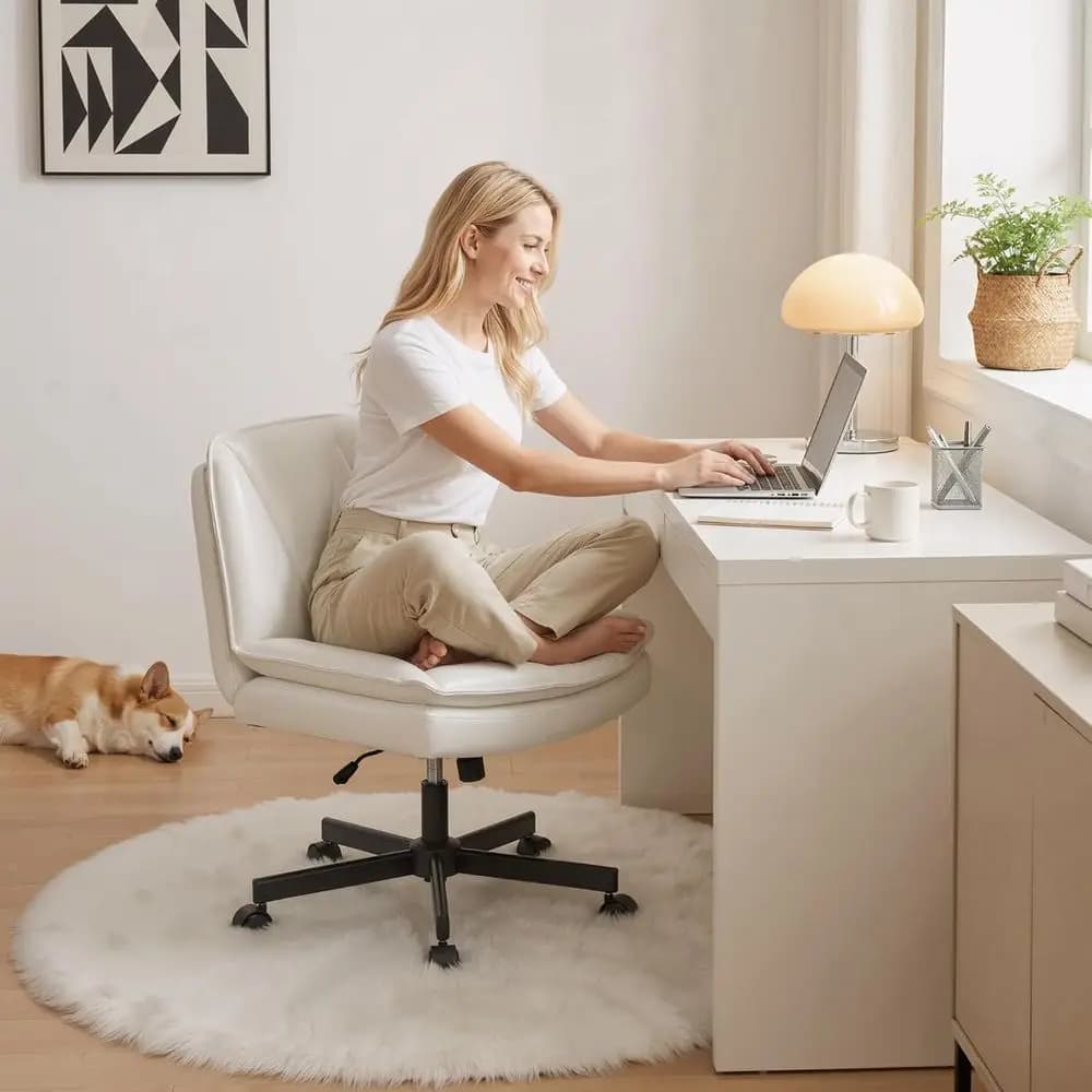 Sedia da ufficio con ruote, sedia da ufficio con gambe e schienale in pelle a 2 strati, sedia da toeletta con braccioli larghi per casa o ufficio, beige