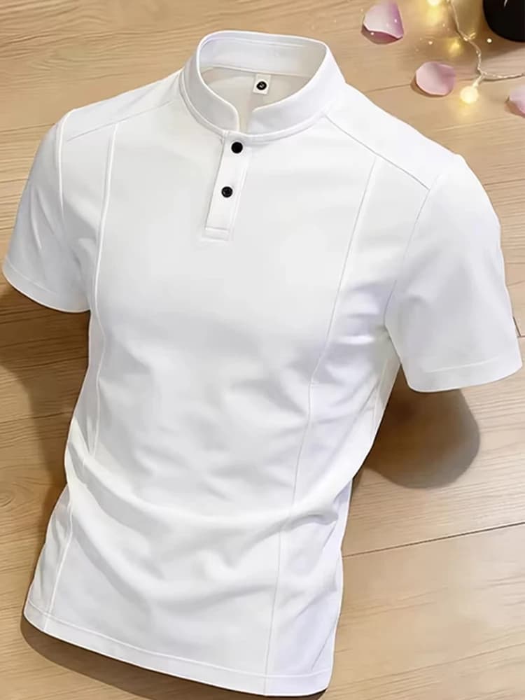 White Half Sleeve Shirt Men's Summer Lightweight Maturity Casual Henry Collar T-Shirt Standard Fit Short Sleeve Button D...