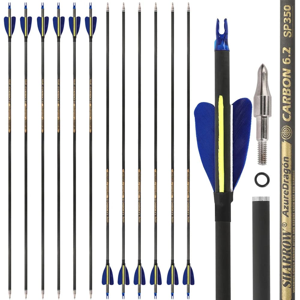 Pure Carbon Arrows 32 Inch ID6.2mm Spine 500/600 with 2 Inch Natural Feathers for Recurve Compound Bow Target Shooting Practice