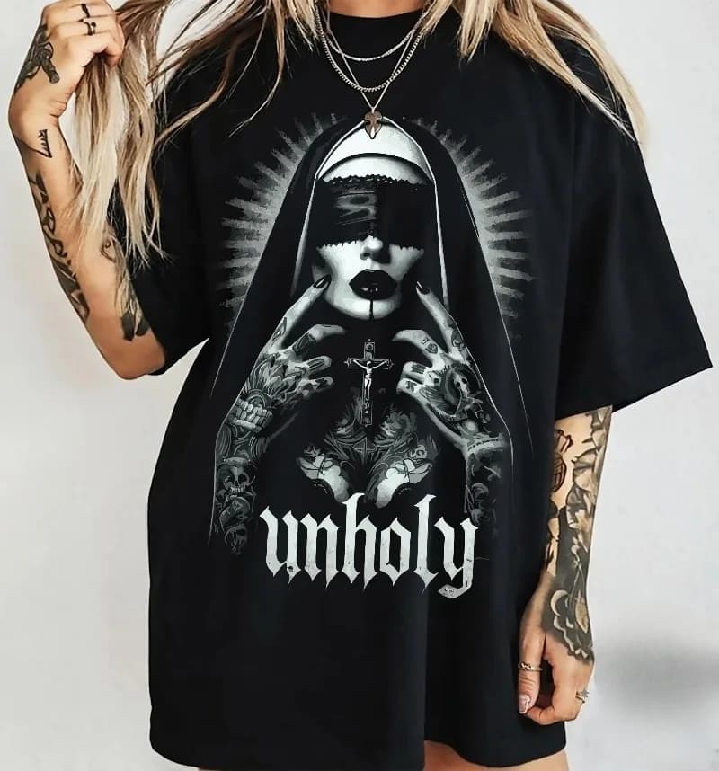Unholy Nun T-Shirt: Gothic Satan Baphomet Halloween Shirt Summer Men's and Women's Loose and Breathable T-shirt Top