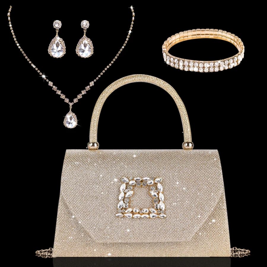 The fashionable women's bag with glittering sparkles is combined with a luxurious set of rhinestones, necklace and bracelet.