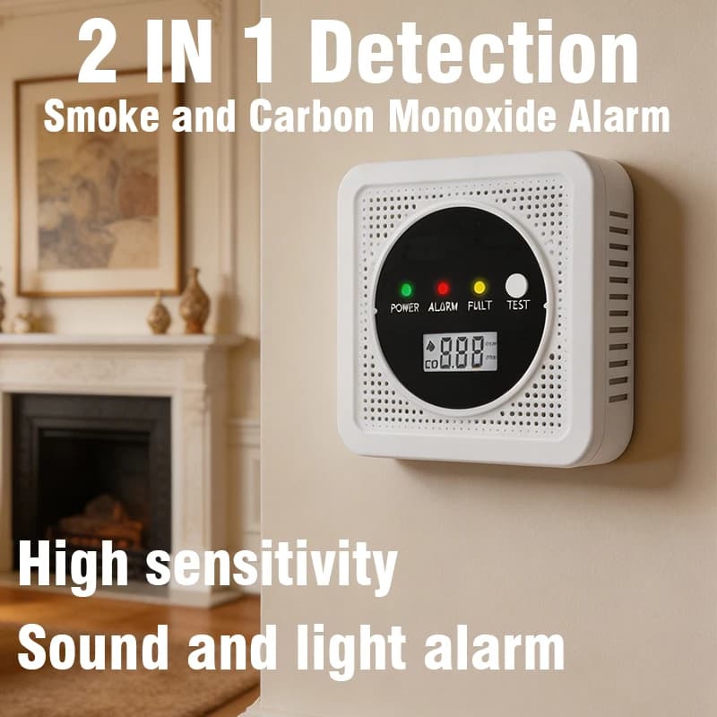 2-in-1 Smoke and Carbon Monoxide Detector, Equipped with a Liquid Crystal Display, Carbon Monoxide Alarm, Battery-Powered, Suita