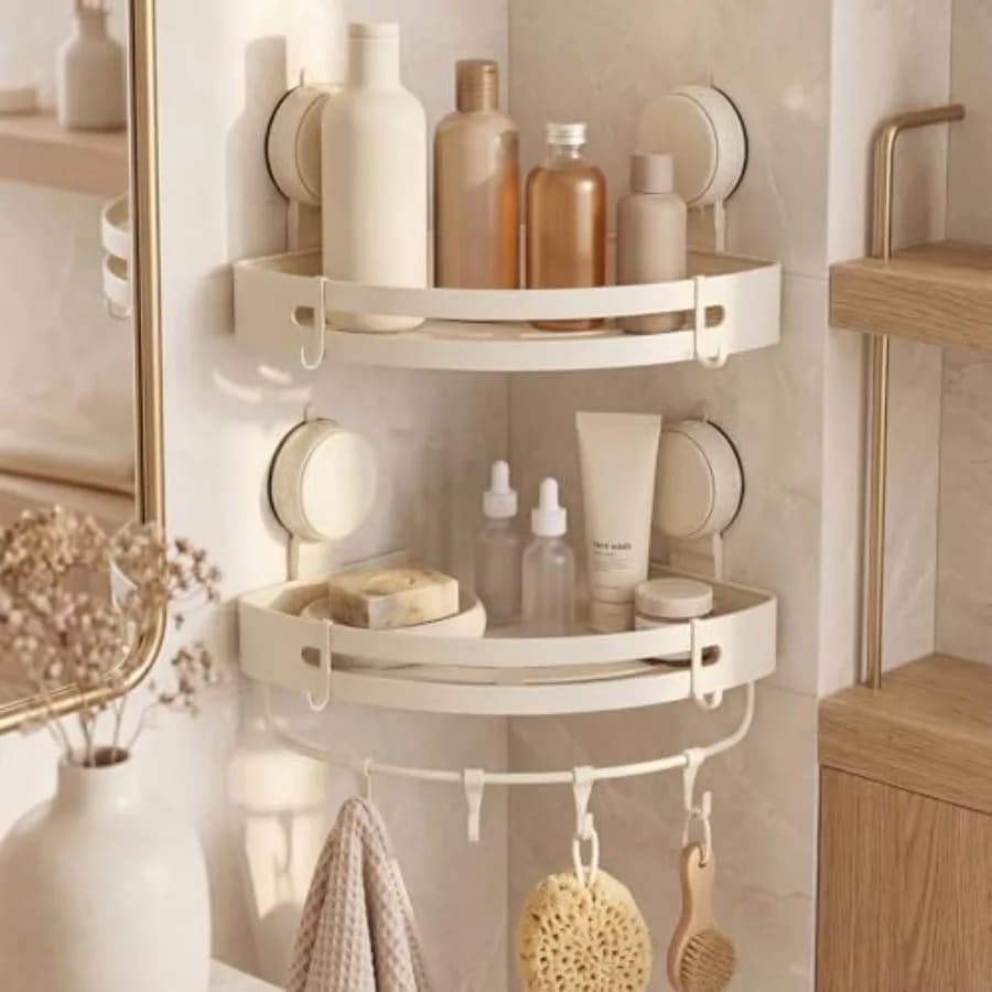 Organizer da doccia a ventosa bianco crema, singolo, alto 4,5 cm, in alluminio, senza foratura, con portasciugamani e ganci, Mo