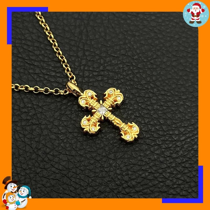 Tide Brand Small Flame Cross Necklace Men's and Women's Retro Old Hip-hop Diamond Pendant Long Sweater Chain