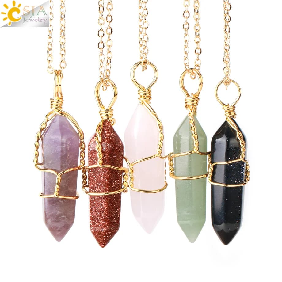 CSJA 2022 collana esagonale cilindrica in cristallo pendente in quarzo di pietra naturale punto di guarigione pendoli avvolgenti in filo Color oro collane con pietre collane pietre naturali pendenti pietra G904