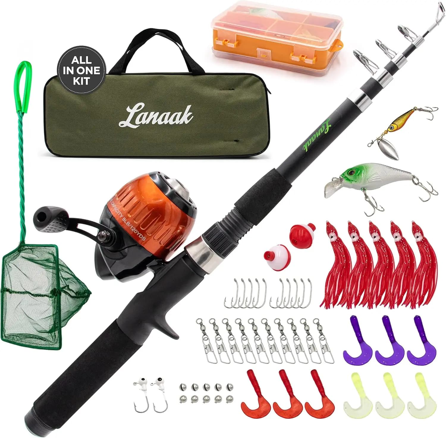 Children's fishing rod, portable telescopic rod set with box and network for equipment, equipment for boys and girls from 5 to 5 years old