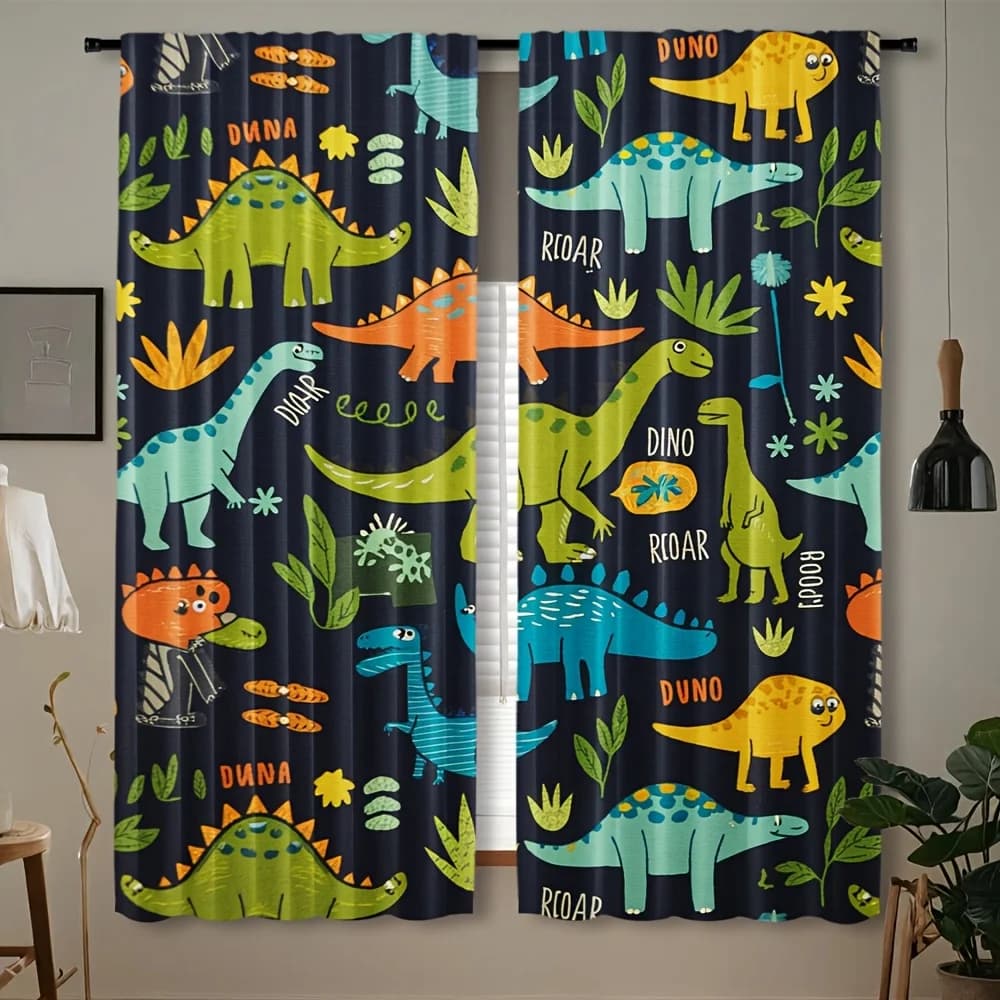 Cute Dinosaur Print Curtains for Nursery Room Decoration Jungle Safari Style Kids Window Treatment Printed Curtain Pair