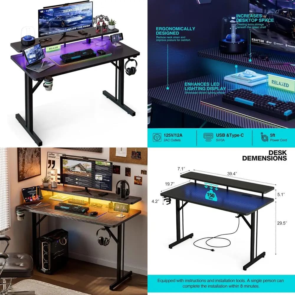 LED illuminated 40-inch gaming desk with power sockets and monitor holders, ergonomic computer desk with cup holders and hook for
