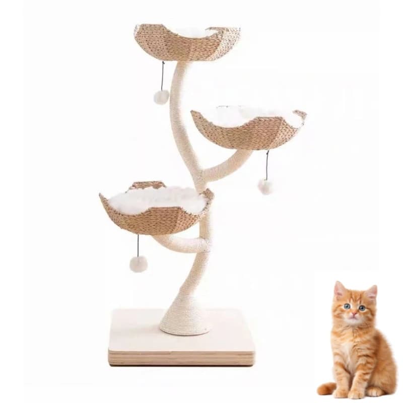 Woven Tree Design Cat Tree, Flower Shaped Condo & Scratching Post All-in-One | Natural Style Home Pet Furniture and Pet Toys