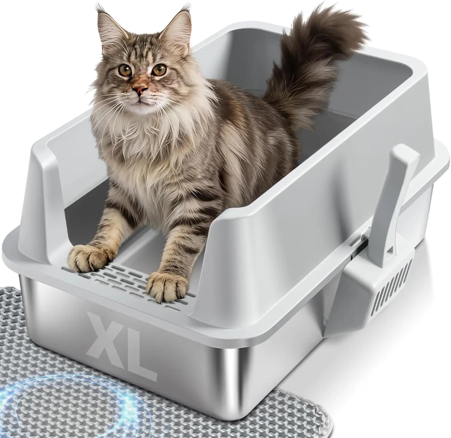 Lettiera per Gatti XL in Acciaio Inossidabile con Coperchio, Bordi Alti per il Controllo degli Odori e la Prevenzione delle Perdite, Design Grigio Facile da Pulire