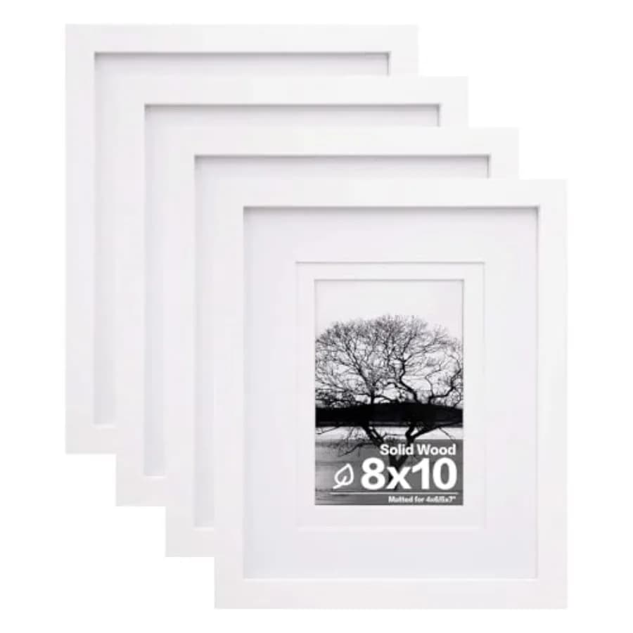 8x10 Picture Frames Set of 4, Made of Solid Wood Covered by Plexiglass 4x6 and 5x7 with Mat or 8x10 without Mat, for Table Top
