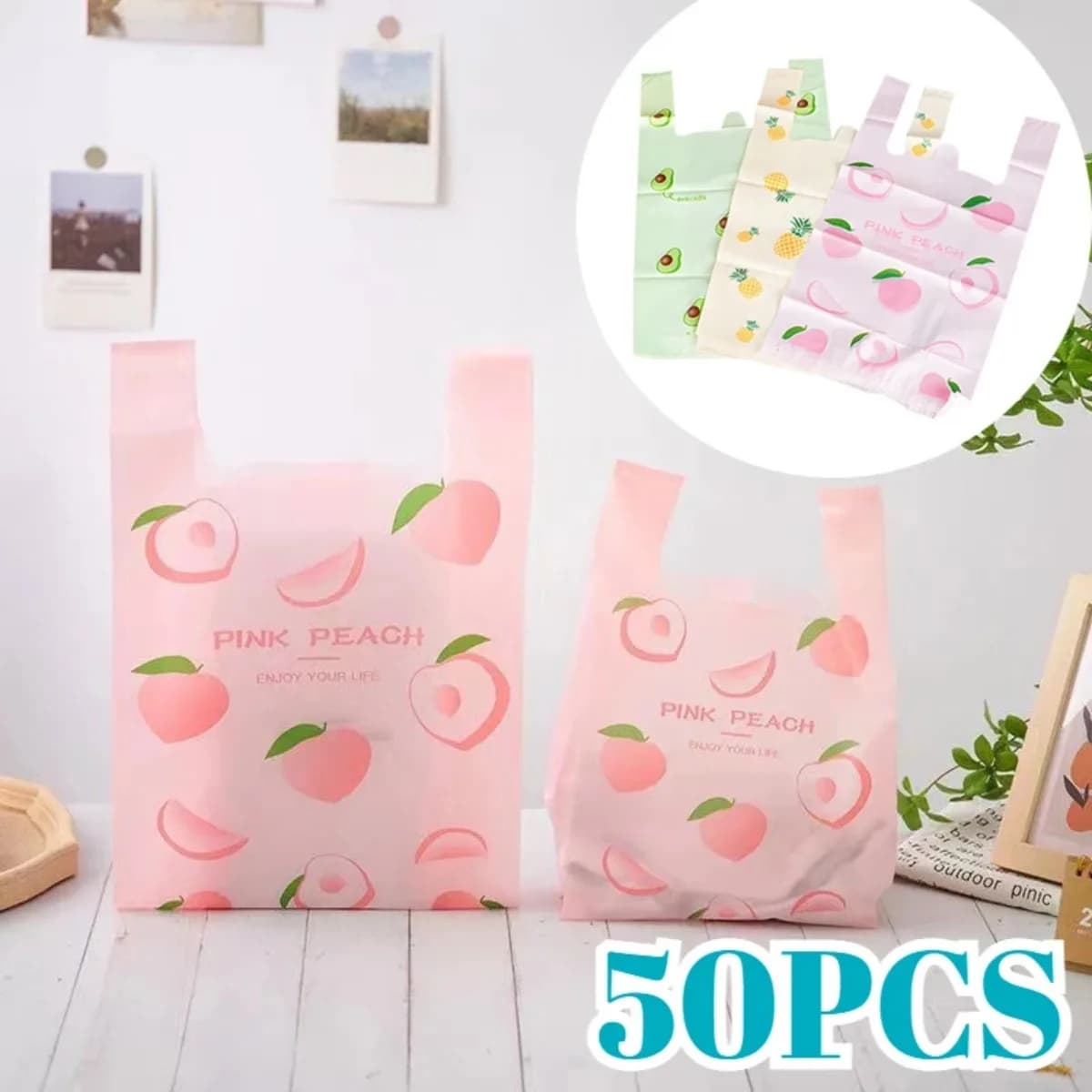50PCS Handheld Gift Bag Cute Fruit Pattern Plastic Bag Clothing Kitchen Shopping Party 36x20cm Reusable Packaging Plastic Bag