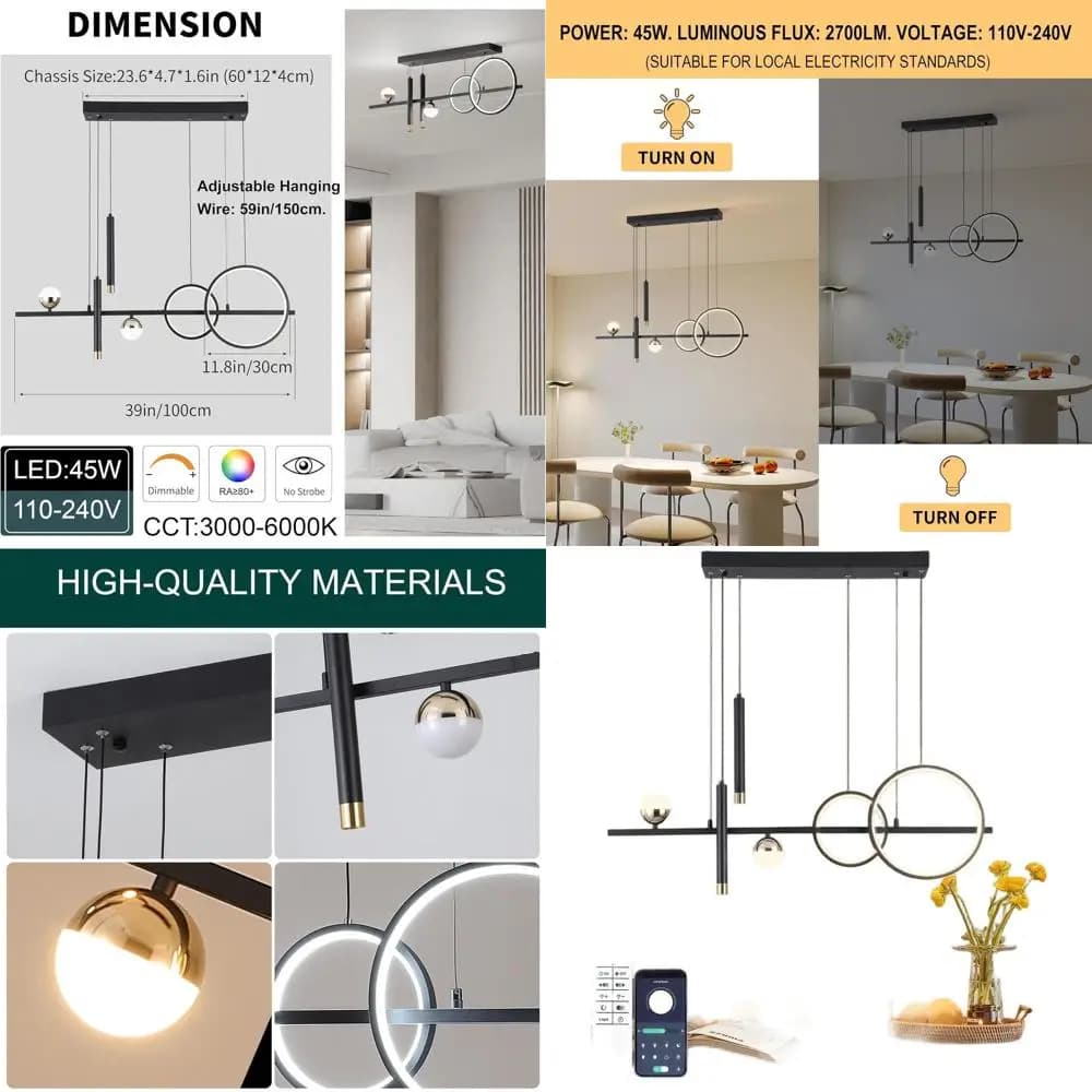 Lampada a Sospensione Dimmerabile Nero-Oro per Isola Cucina e Sala da Pranzo, Apparecchi Lineari a Sospensione a Sfera per Soffitto