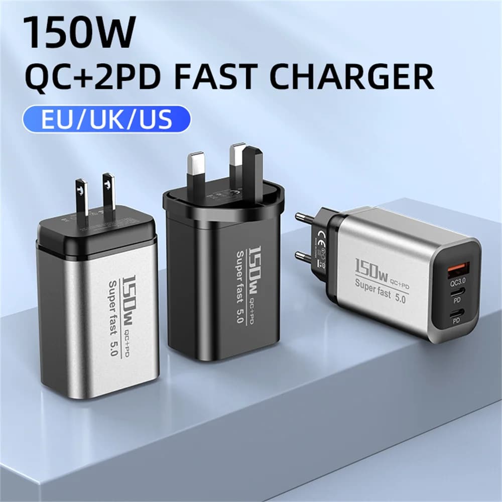 Caricatore USB Type C 150W a ricarica rapida 3 in 1 per cellulari, adattatore da parete PD QC3.0 per iPhone Samsung Xiaomi con spina EU/UK/US