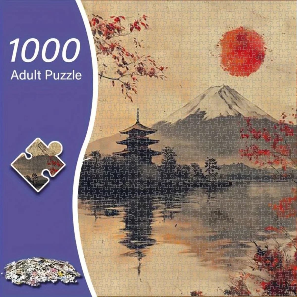 Puzzle giapponese da 1000 pezzi - Monte Fuji, Sole Rosso, Pagoda e Fiori di ciliegio - Puzzle per adulti Challenge con tradizionale lan giapponese