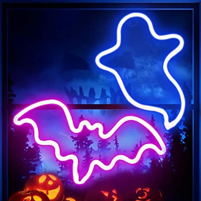 2 confezioni di fantasmi di Halloween LED insegne al neon luci a pipistrello decorazioni da appendere a parete per decorazioni per finestre di casa per interni per feste di Halloween