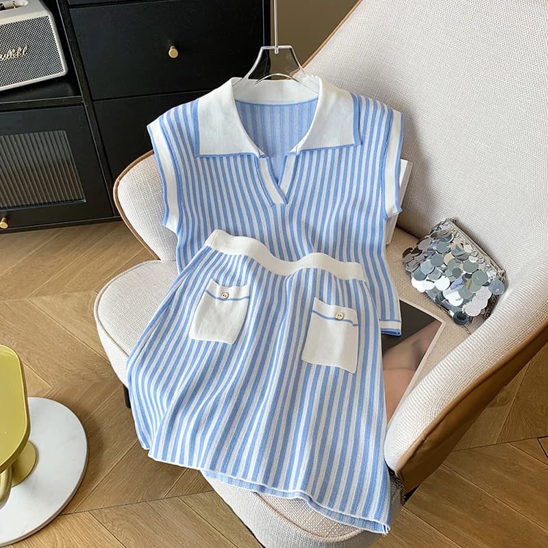 Two-piece striped skirts Set of women knitted chorean elegant collar overturned dress blue fashion elastic Chic Office Lady skirts