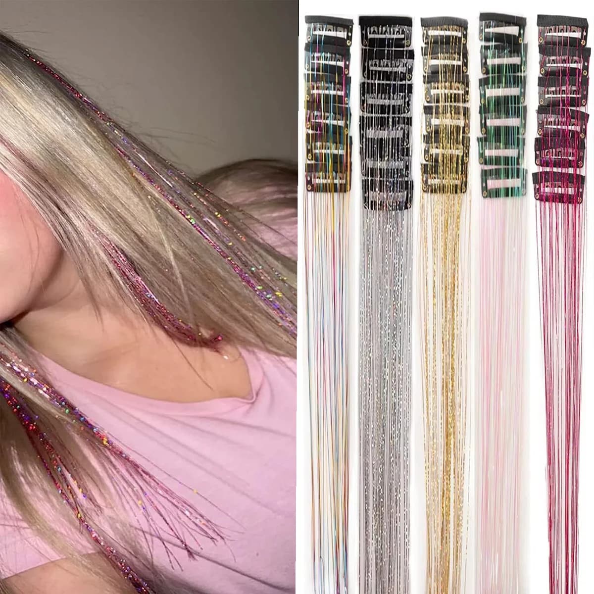 Kit of 12 Synthetic Hair Bowls Glittered by 20 Inches with Clips, Heat Resistant, Shiny and Shiny