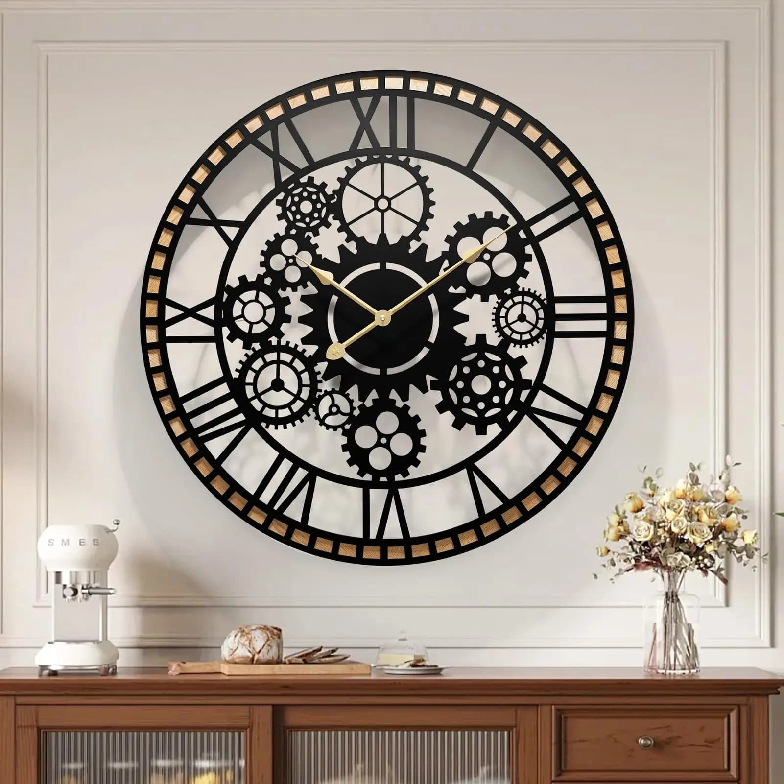 Grande Orologio da Parete Industriale con Ingranaggi e Cornice in Legno per Soggiorno, Ufficio, Cucina