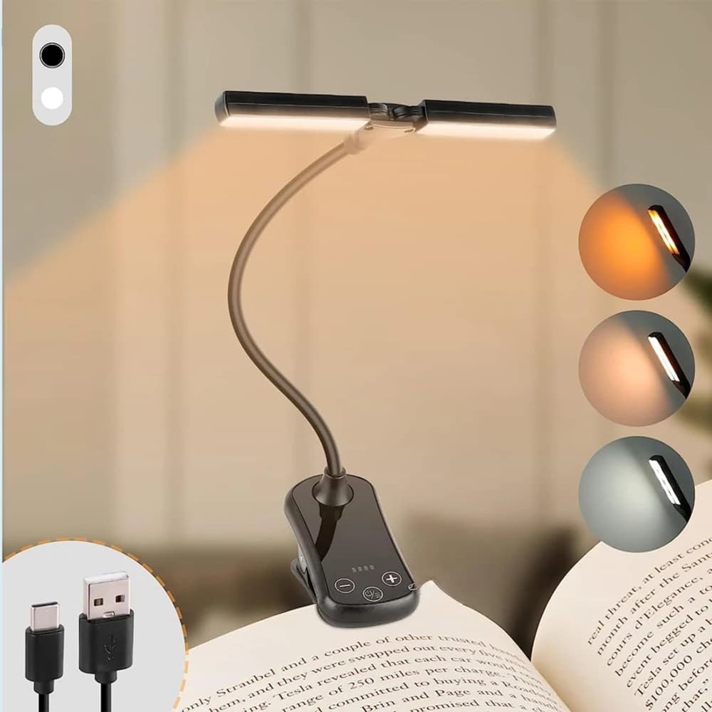 14 LED double head touch control reading lamp with 3 colors and 8 brightness USB rechargeable book lamp for eye care Clips on book/writer