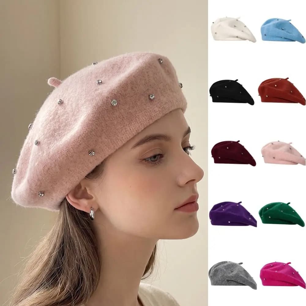Fashion Starry Sky Rhinestones Beret Solid Color Knitted Wool Beret Soft Korean Style Beanie Cap Daily Outfit