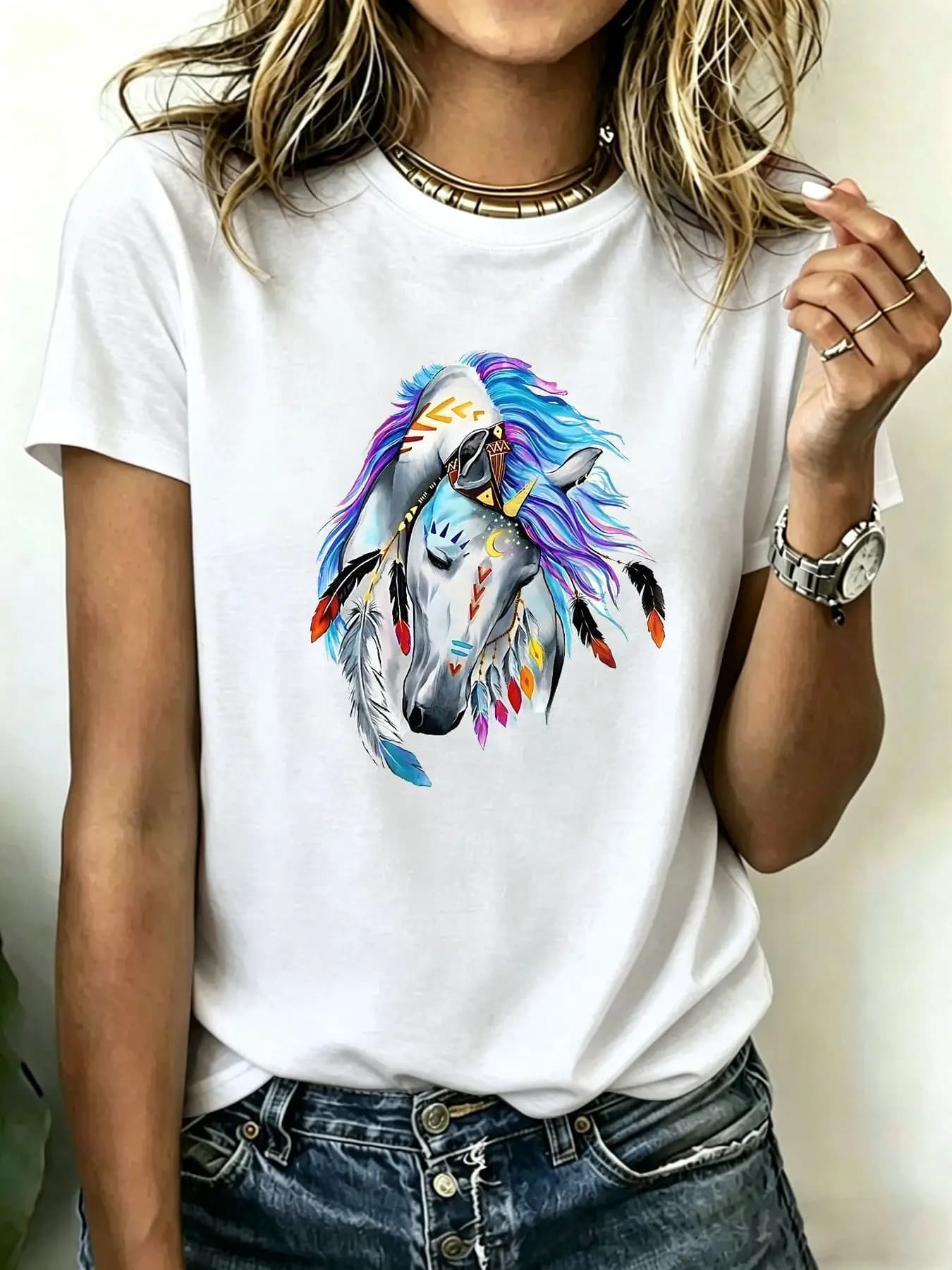 180-gram pure cotton Plus-size women's T-shirt, featuring vibrant horse head with feathers and dreamcatcher print, bohemian s