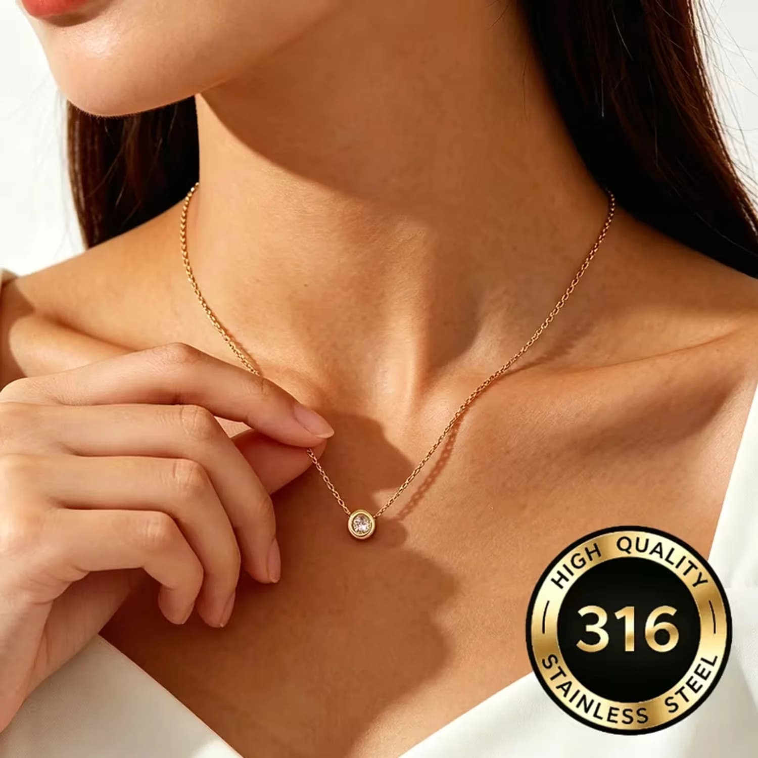 Stainless Steel Delicate Single Diamond Necklace, Waterproof Fashion Pendant Necklace for Women, Charming Zircon Jewelry