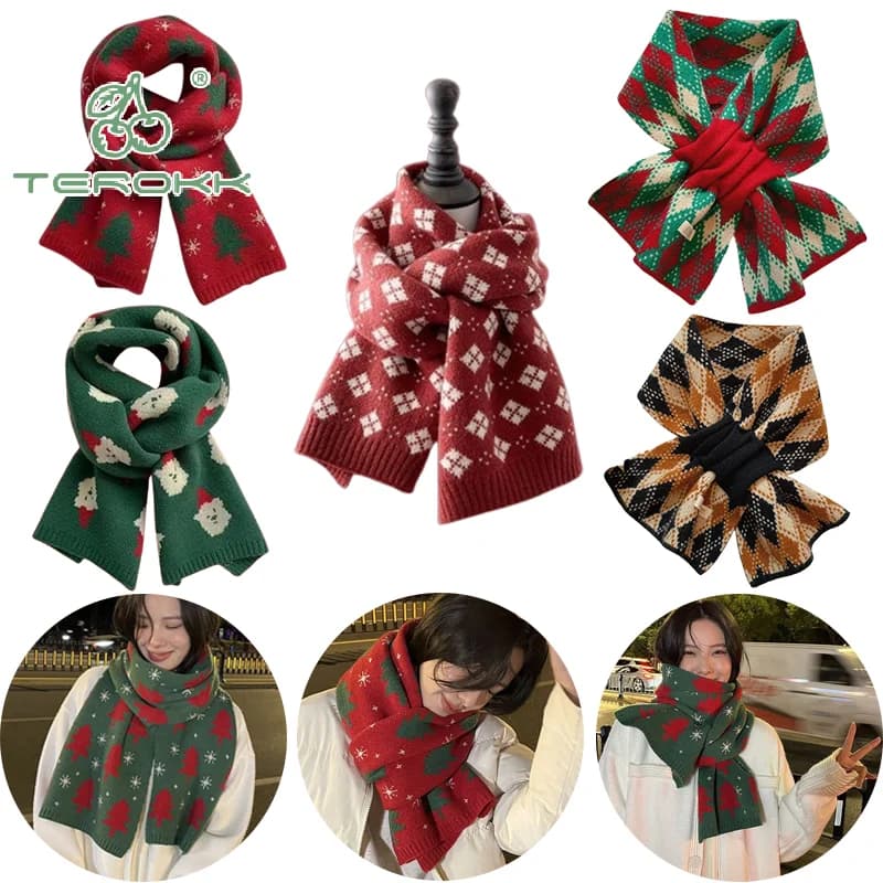 Sciarpa lavorata a maglia rossa con albero di Natale Versatile sciarpa di protezione per il collo calda autunno inverno Atmosfera abbinata Regali di Natale da donna