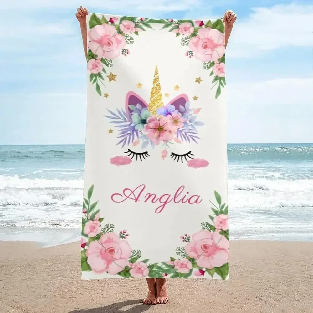 Asciugamano da spiaggia con nome personalizzato Unicorno per ragazze Ragazzi Nuoto Sport Viaggi Asciugamani da spiaggia personalizzati Asciugamano da bagno personalizzato ad asciugatura rapida