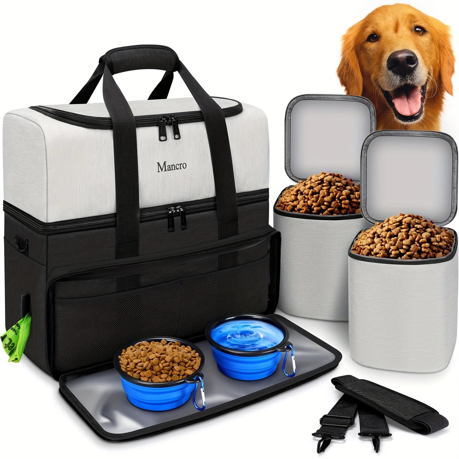 Borsa da Viaggio per Cani a Doppio Strato con 2 Contenitori Extra Large per Cibo, 2 Ciotole Pieghevoli, Organizer Multitasca per Accessori per Animali