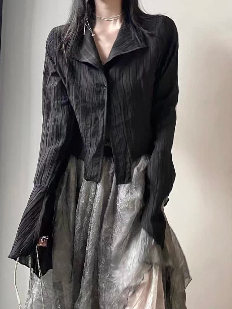 Gothic Women Black Shirts Y2K Japanese Dark Academic Female Irregular Tops Fashion Streetwear Chic Designed Punk Blouse