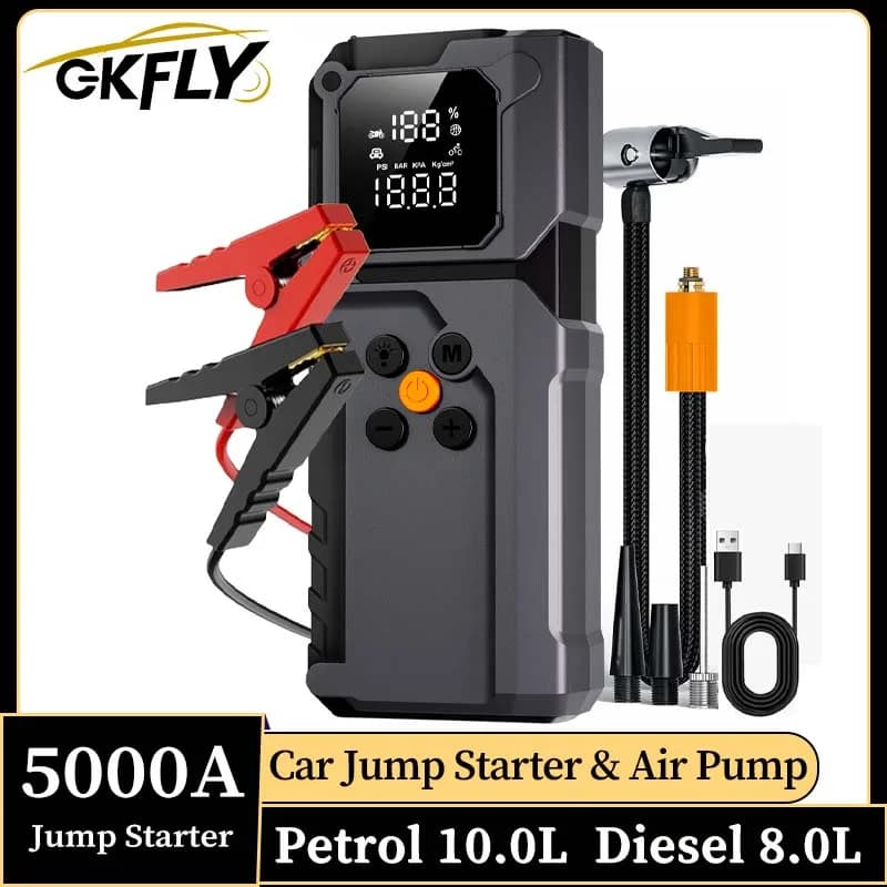 GKFLY 5000A 4-in-1 Jump Starter, 150PSI Air Compressor, 12V USB Powerbank with LCD Display, 10L Gas/8L Diesel