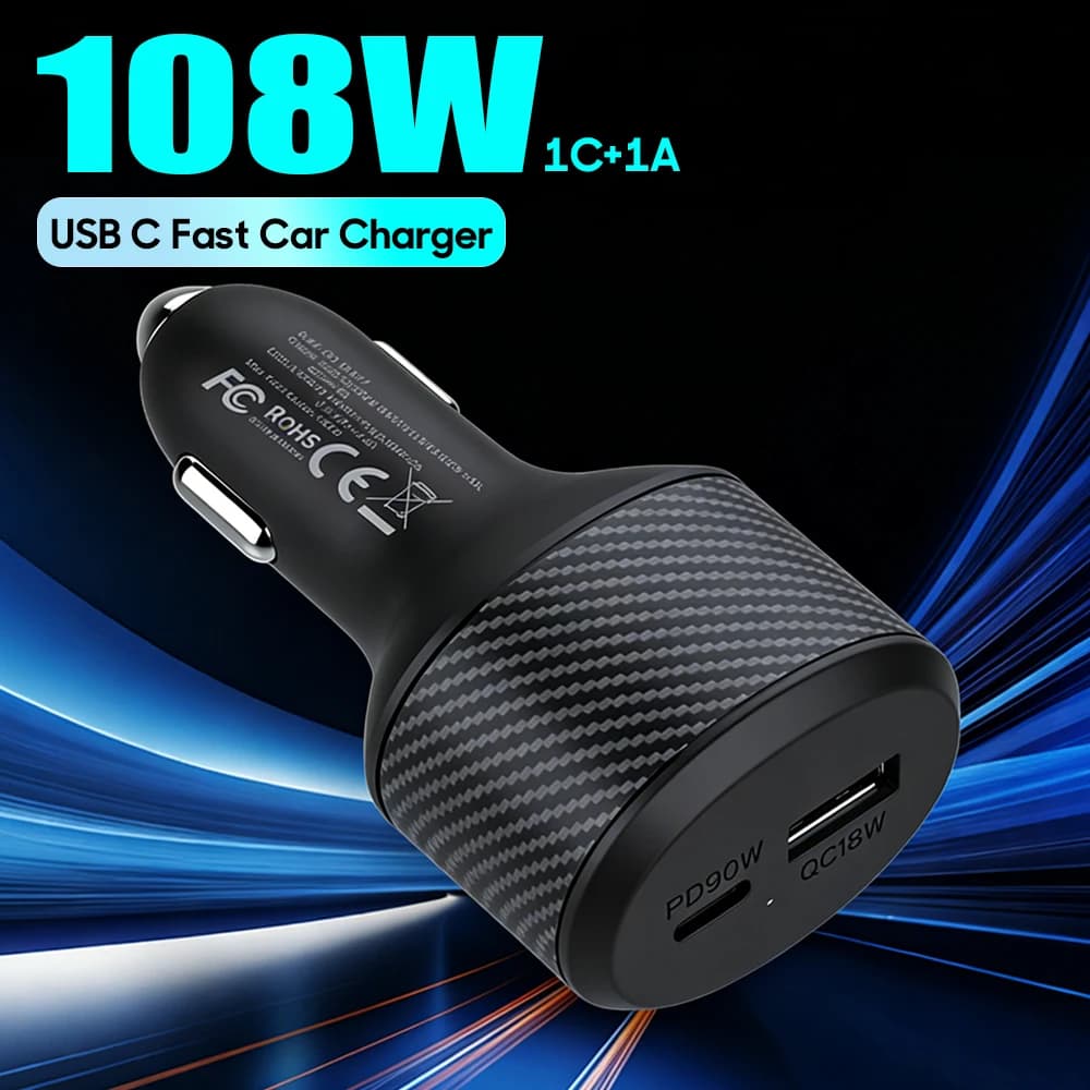 Caricabatterie da Auto Dual Port 108W con PD 90W Type-C + QC3.0 18W USB, Ricarica Rapida per iPhone 17 16 15 Samsung S25 MacBook Pro/Air