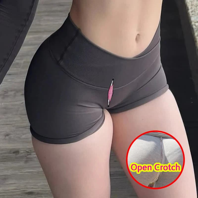 Women Sexy Open Crotch Gym Mini Shorts Breathable Running Jogging Zipper Short Pants Push Up Fitness Crotchless Sport Leggings