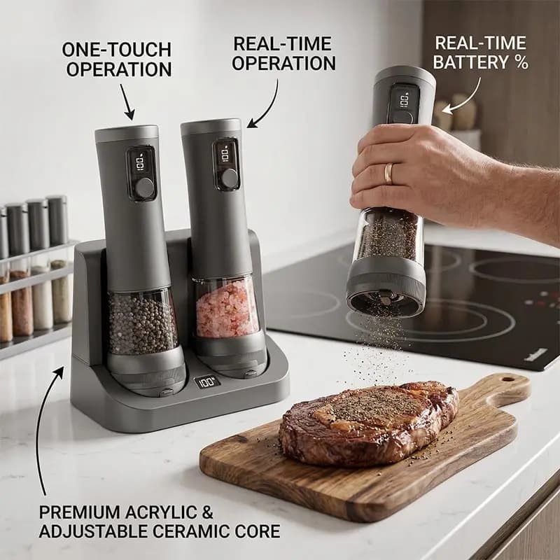Macinapepe Elettrico con Base Regolabile, Macina Sale Marino Automatico, Contenitore per Spezie, Dispenser Portatile per Uso Domestico