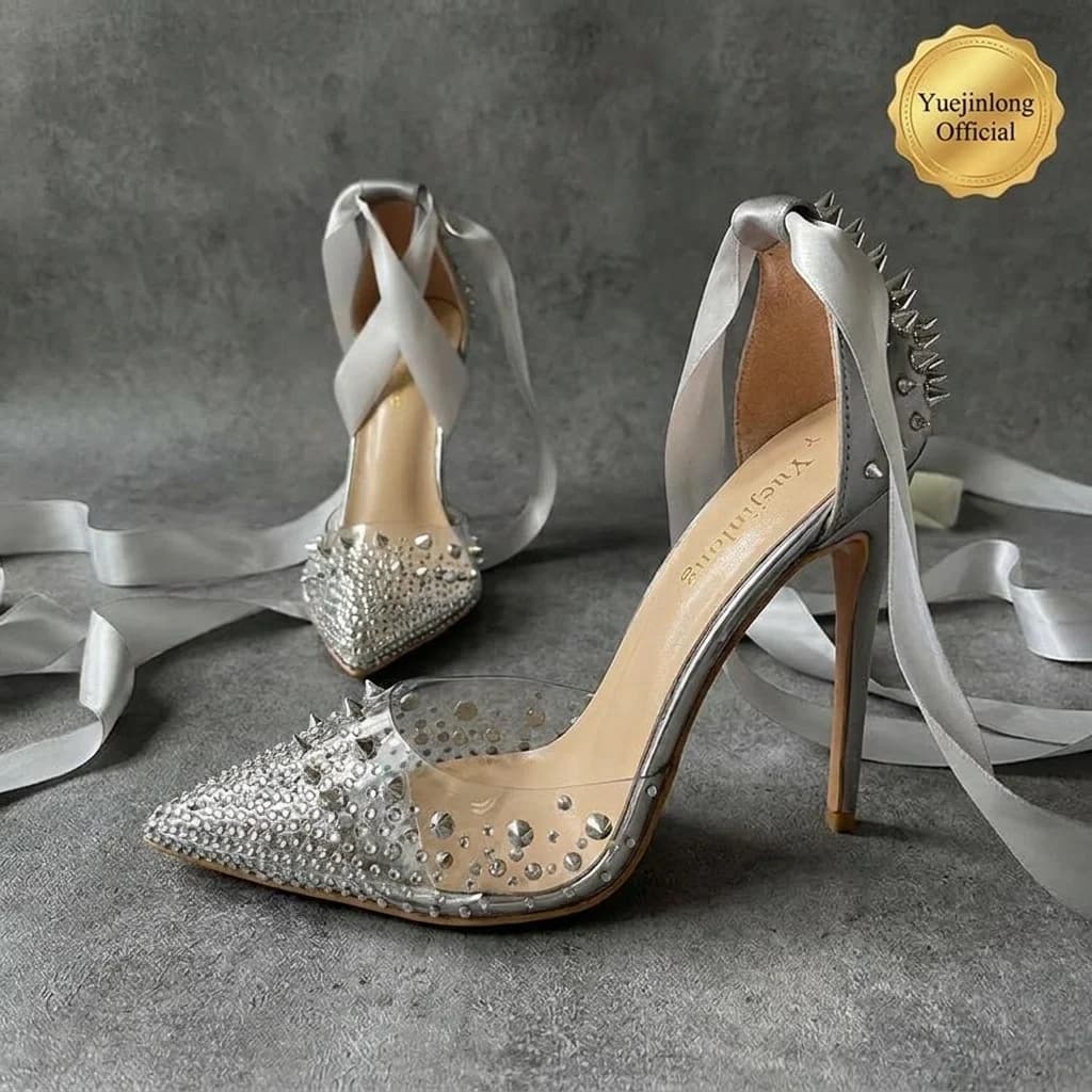 Luxury Silver Grey Stiletto Yuejinlong Designer Transparent Studded Sandals Silk Lace-up D'Orsay Party Dress Shoes 2026