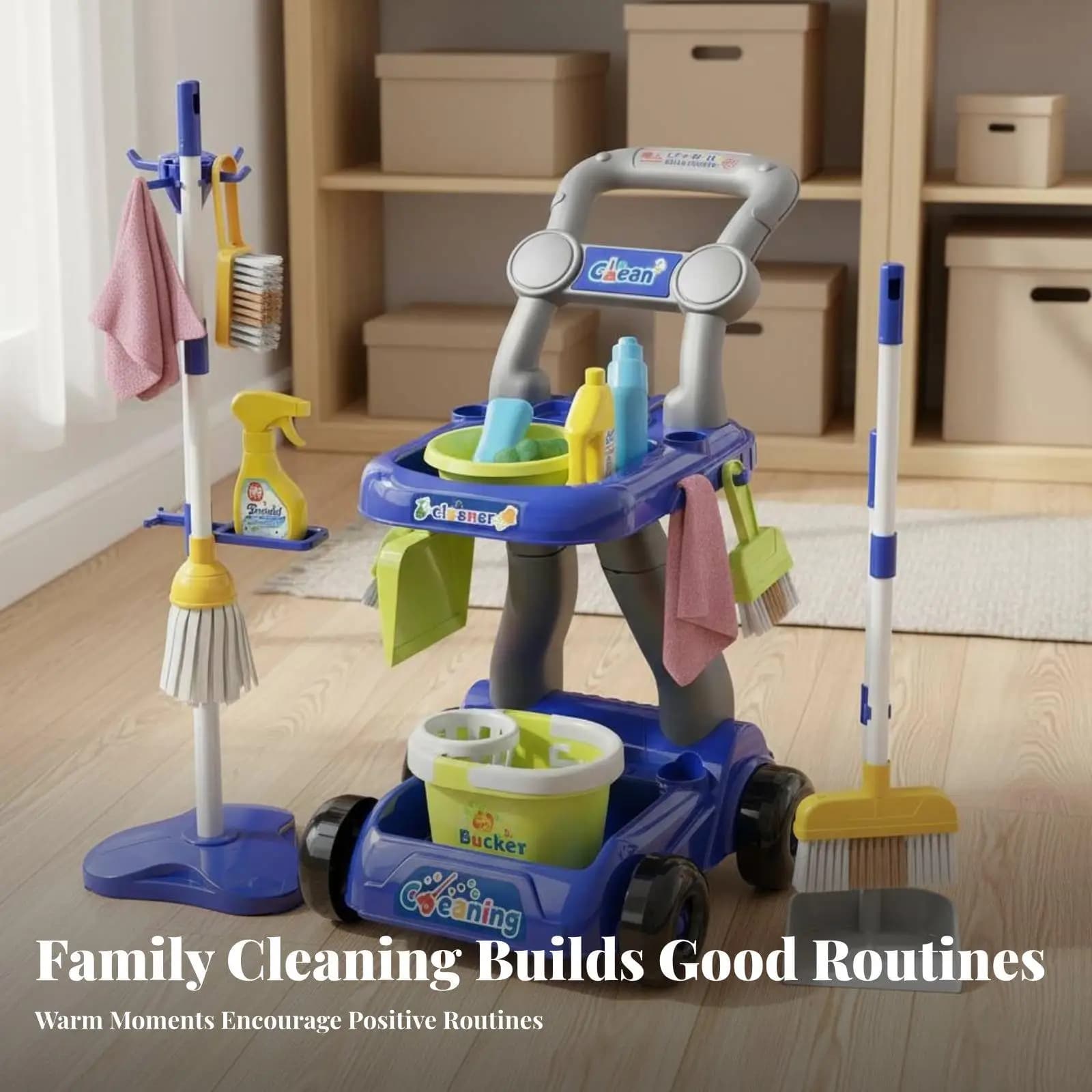 Children Pretend Cleaning Toys 18 Piece Set with Storage Stand Broom Mop and Dustpan for Toddlers Housekeeping Role Play Skills